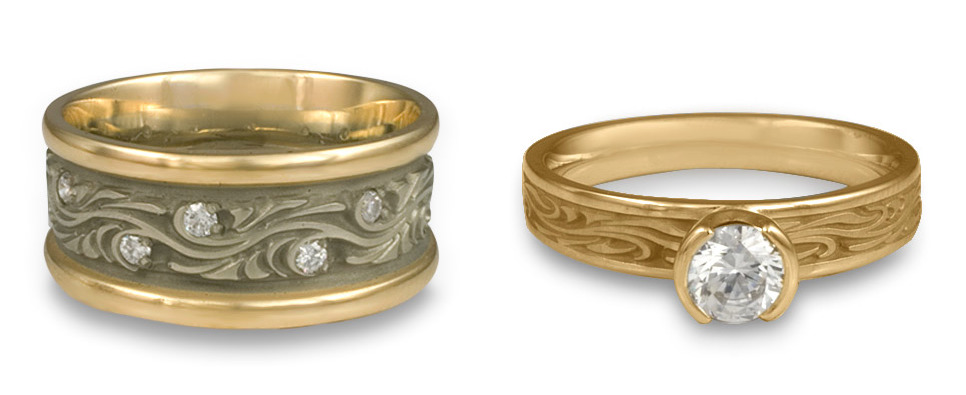 Starry Night Wedding Band (left) and Engagement Ring (right), handmade by Reflective Jewelry.